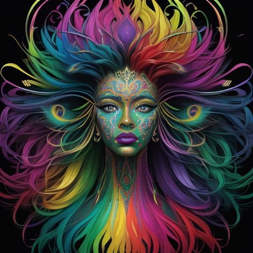 Colorful Abstract Portrait with Peacock Feather Hair