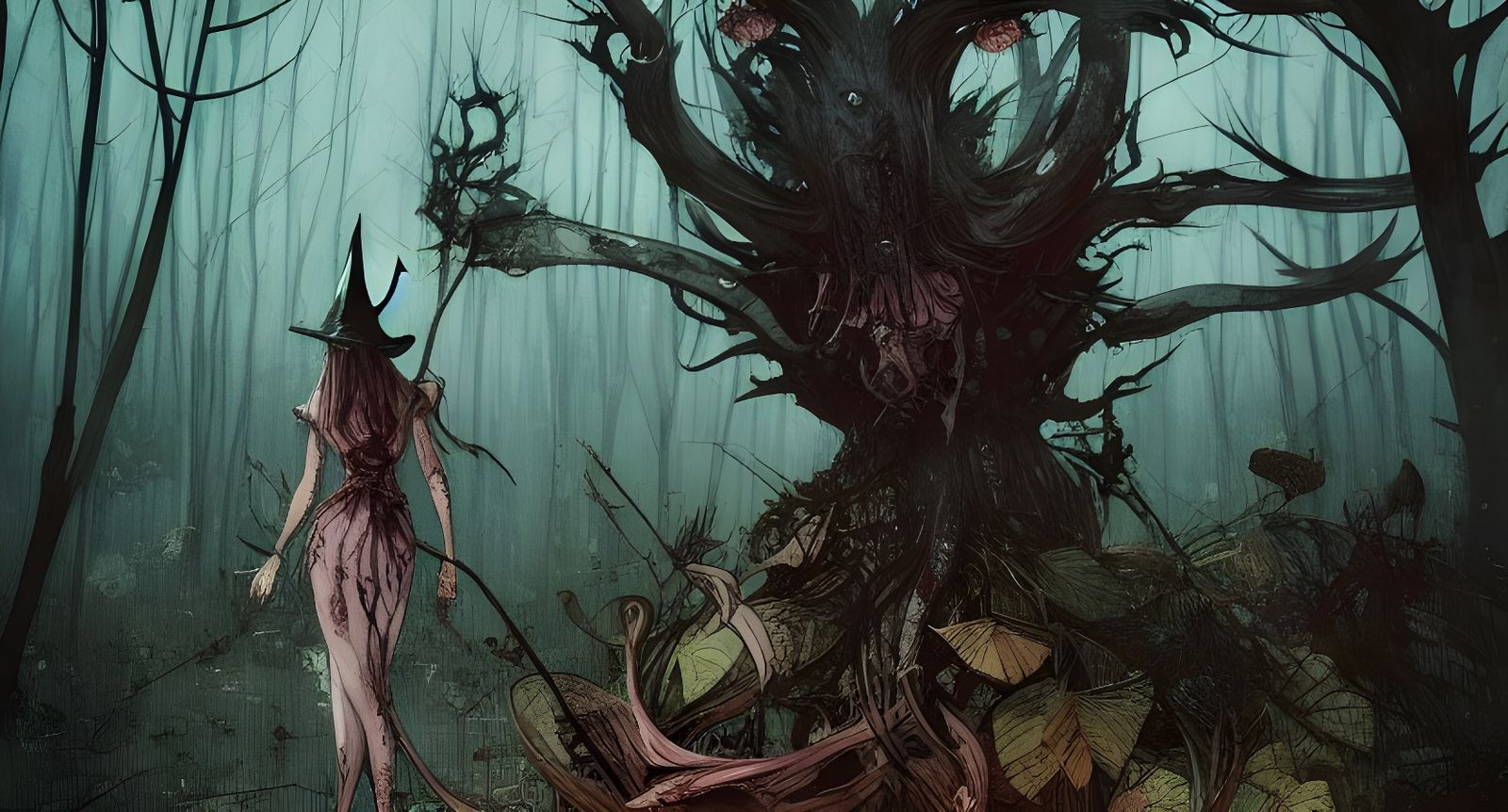 Sinister Forest Witch Portrait in Watercolor Style