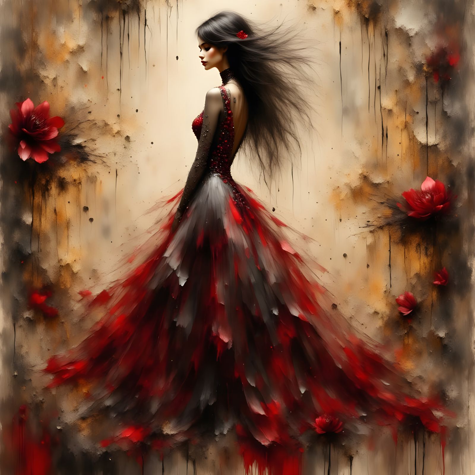 Elegant Woman in Crimson Gown, Impasto Oil Painting