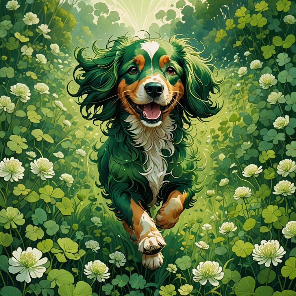 Happy Green Puppy Runs Through Clover Field