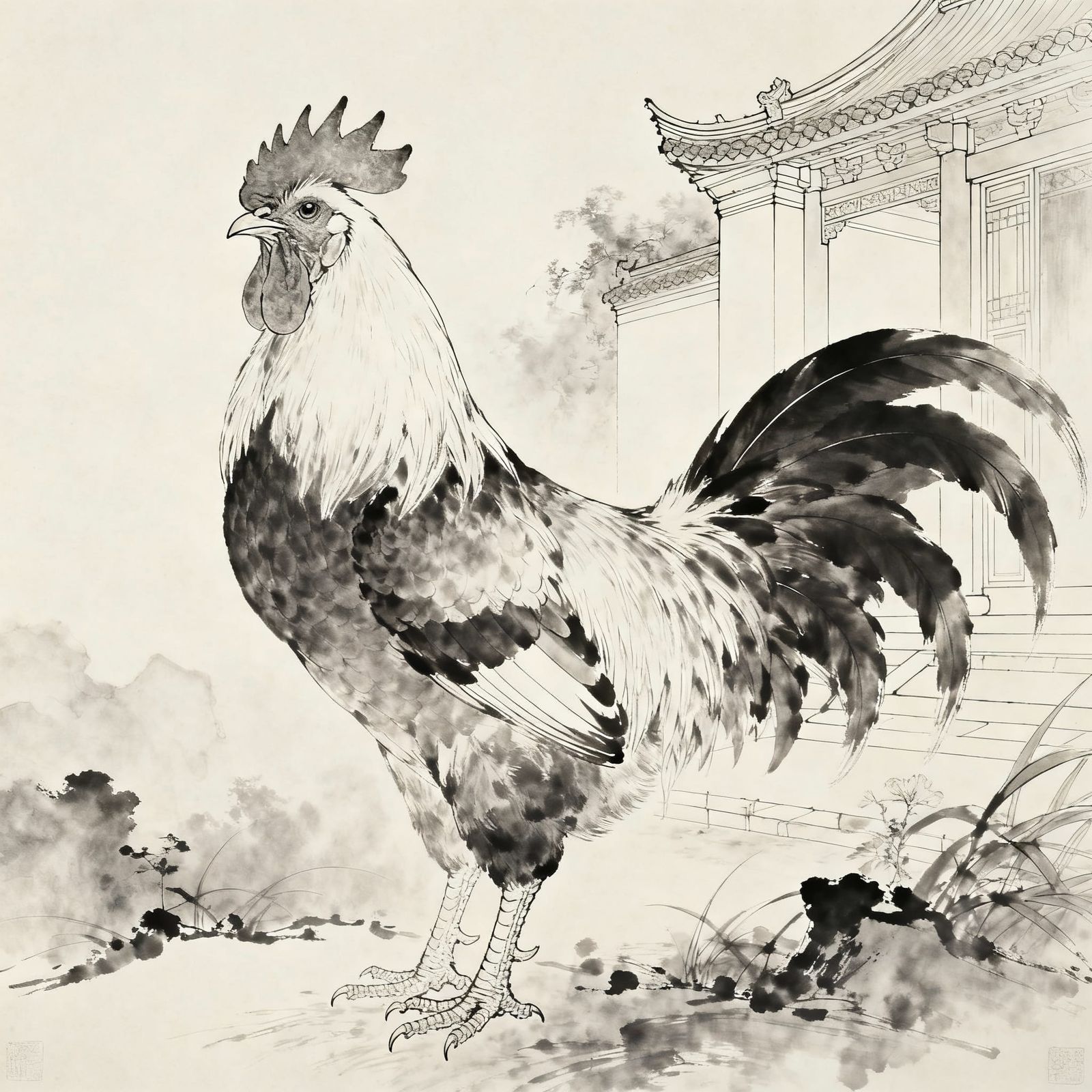 Luminous Rooster in Classic Chinese Painting Style