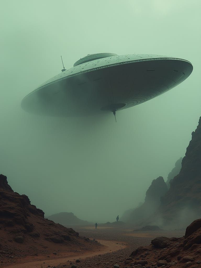 UFO Landing on Barren Planet in Dystopian Style
