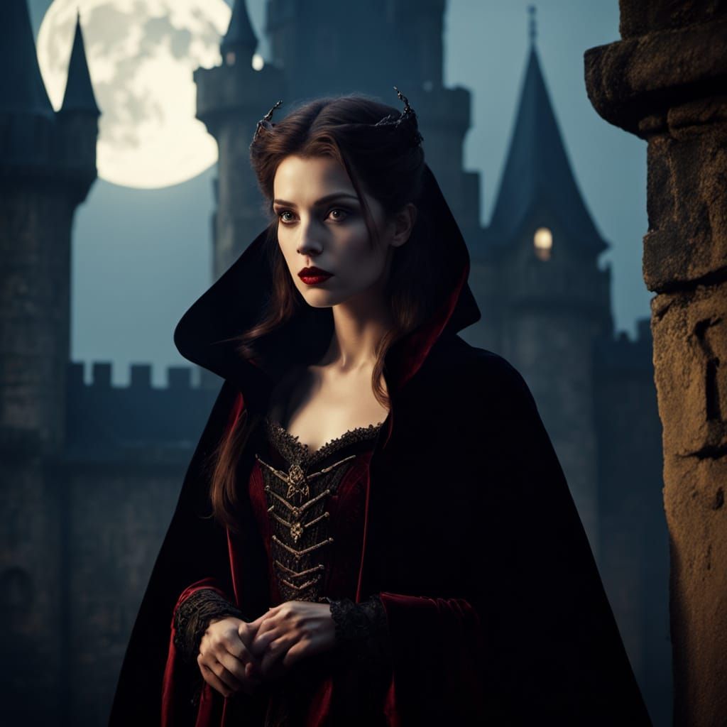 Flirty Vampire Queen in Moonlit Castle Yard
