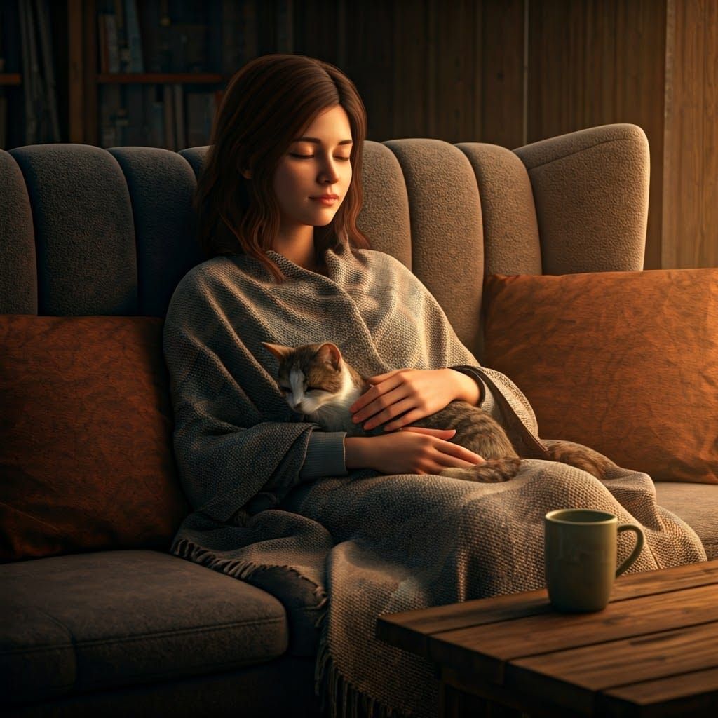 Cozy Relaxation: Woman and Cat by Firelight