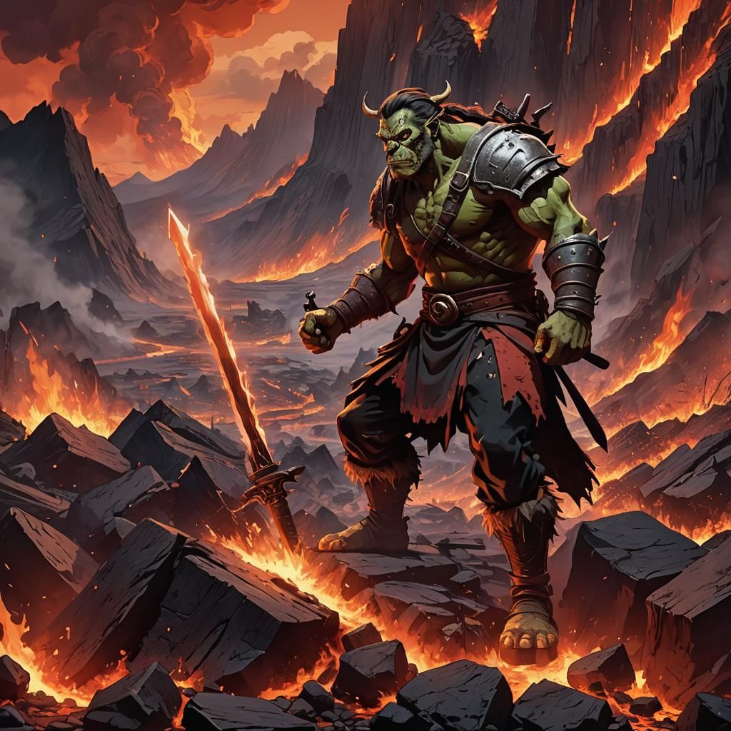 Orc Blacksmith Sharpening Sword in Anime Style