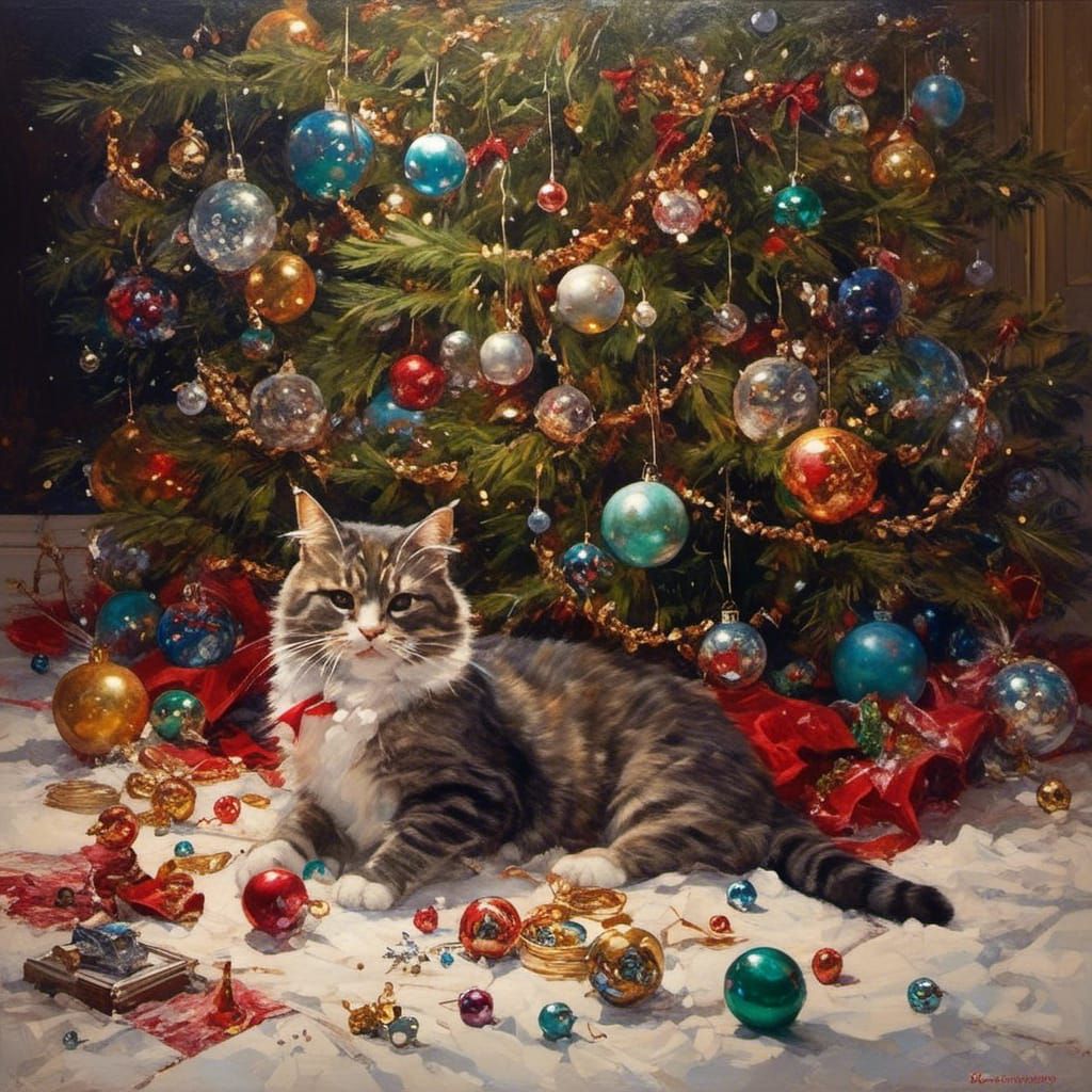 Playful Cat's Christmas Chaos: Detailed Painting