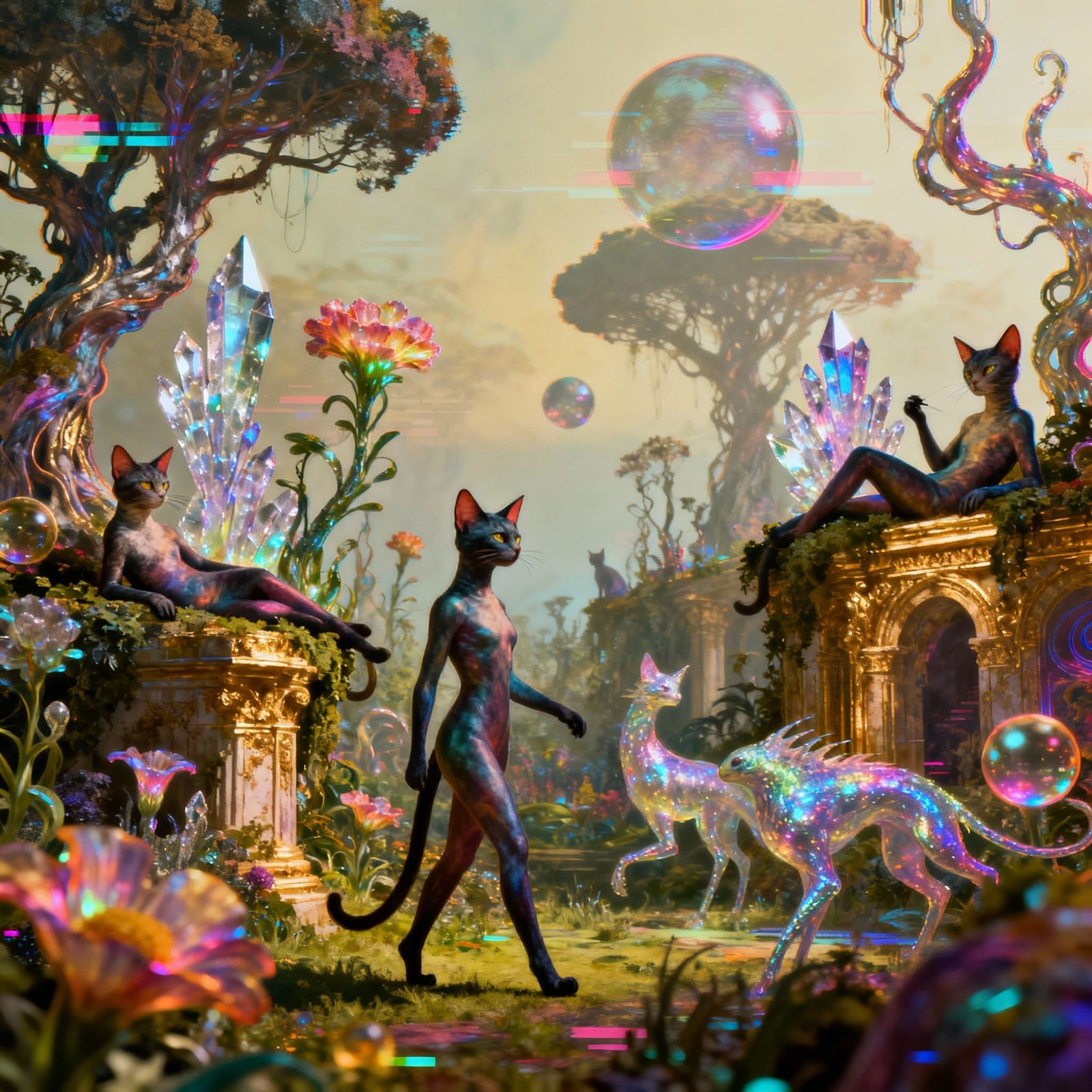 Retro Sci-Fi Cat People in Alien Garden