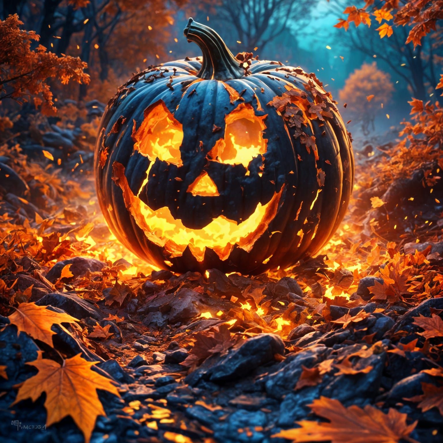 Exploding Halloween Pumpkin in Detailed Matte Painting Style