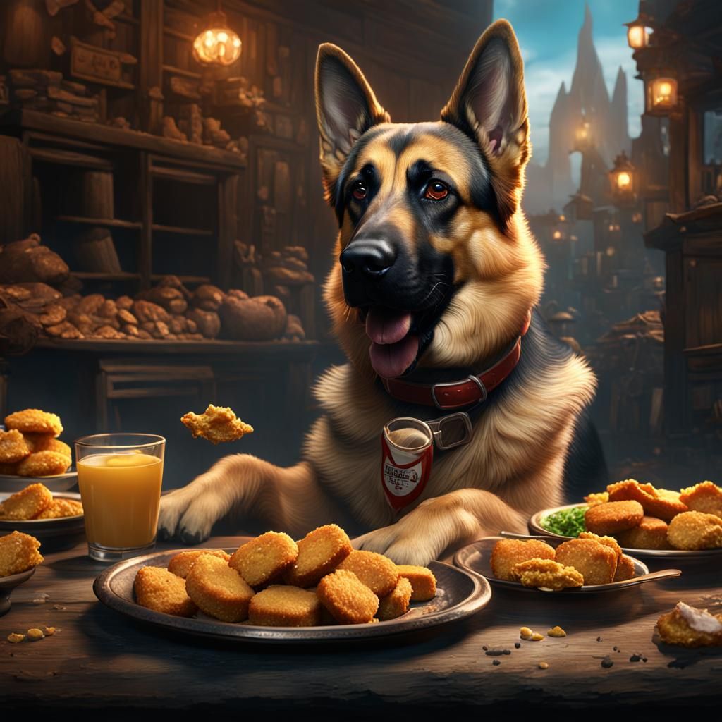 German Shepherd's Chicken Nugget Feast: Detailed Matte Paint...