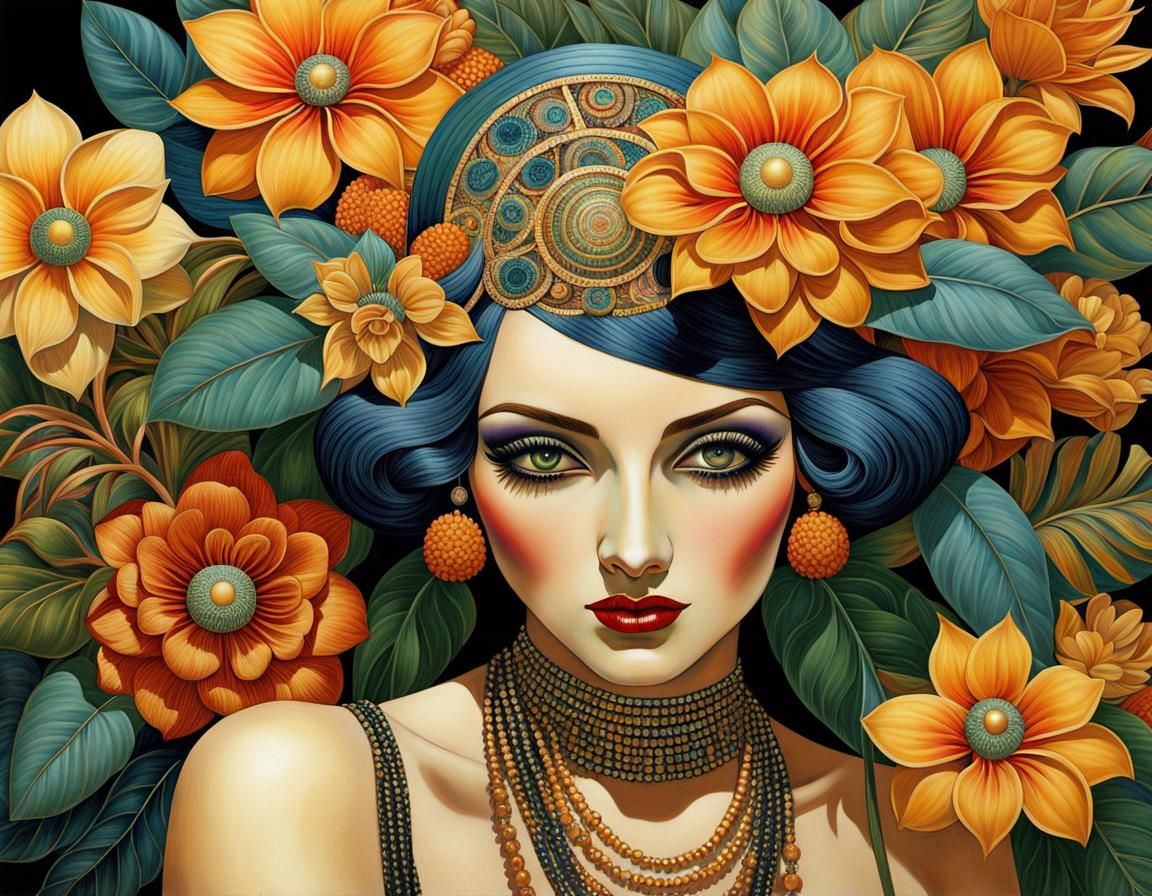 Flapper Girl Among Exotic Flowers in Art Deco Style