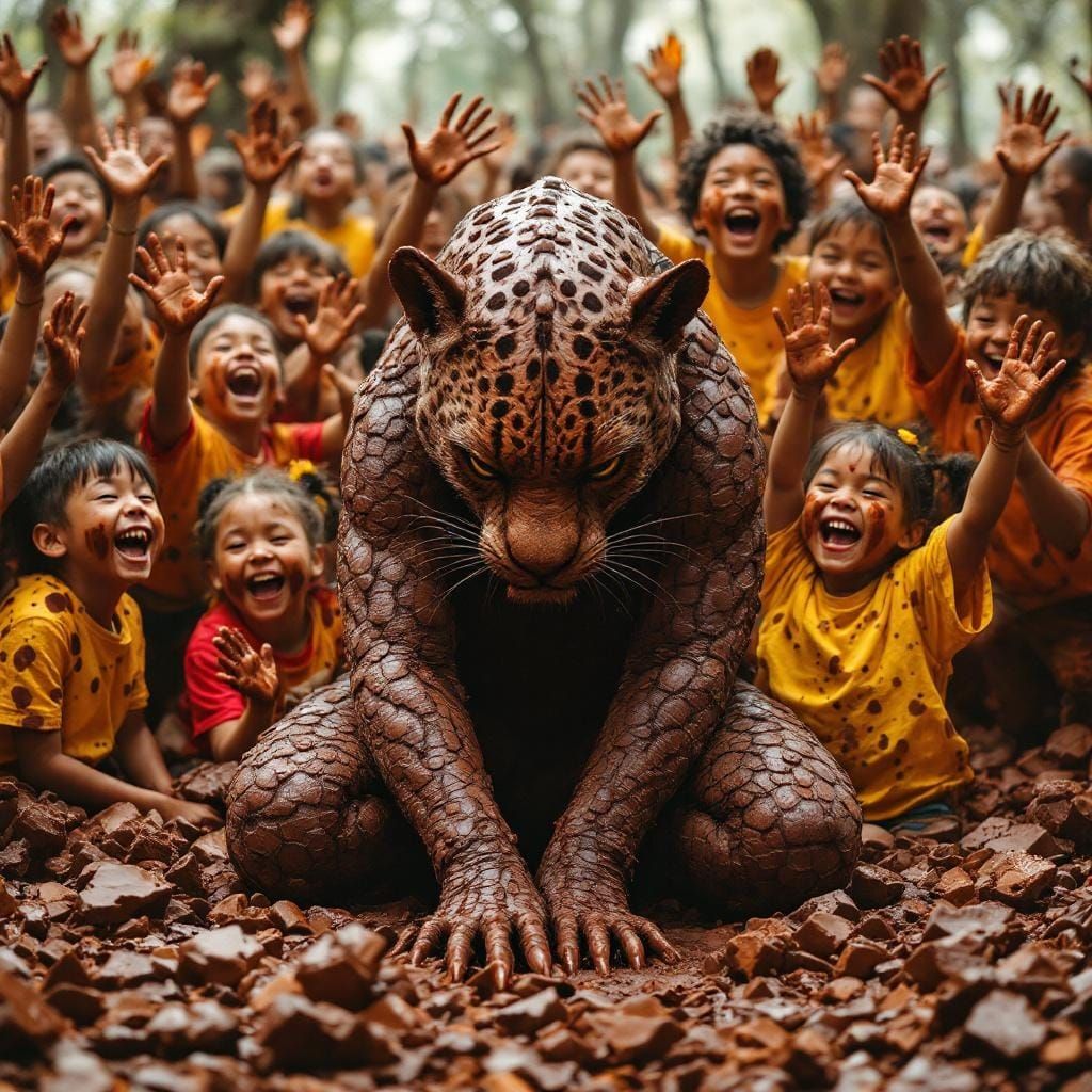 Chocolate Jaguar Samurai with Joyful Children