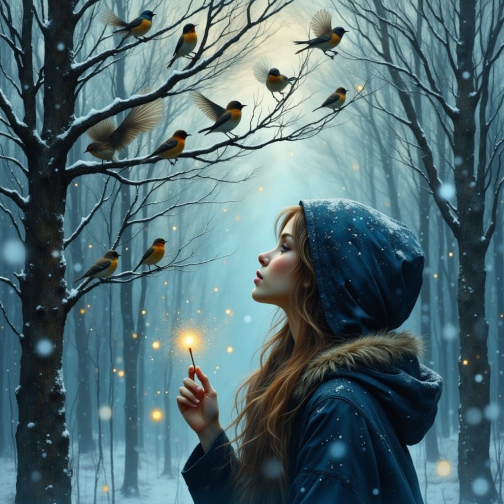 Girl in Winter Coat Gazes at Birds with Magic Wand