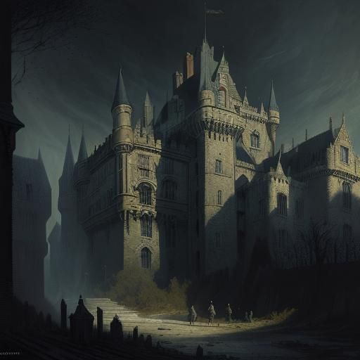 Gothic Horror Castle Interior in Engraving Style
