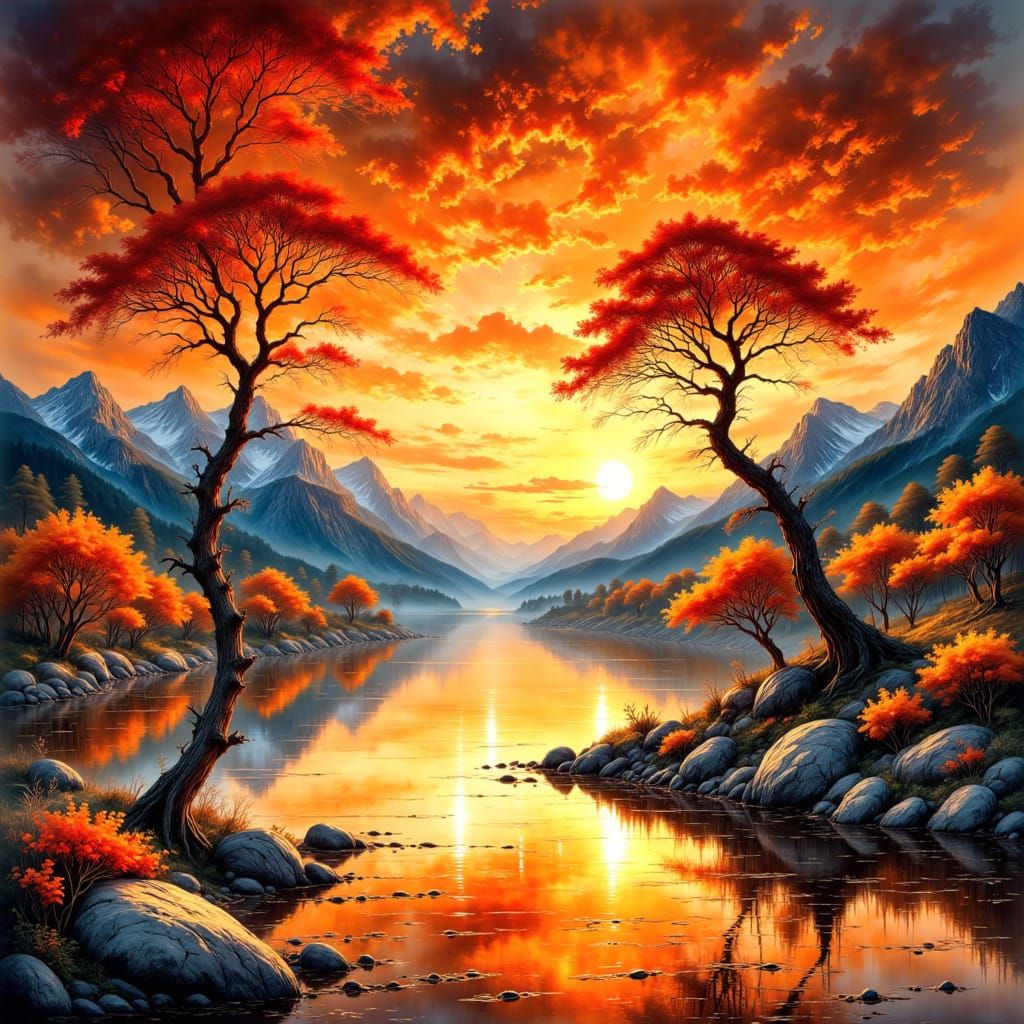 Breathtaking Mountain Lake Sunset in Fiery Colors