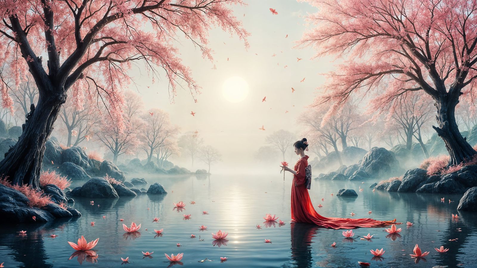 Ukiyo-e Geisha Offers Blossom to Tranquil Koi Pond