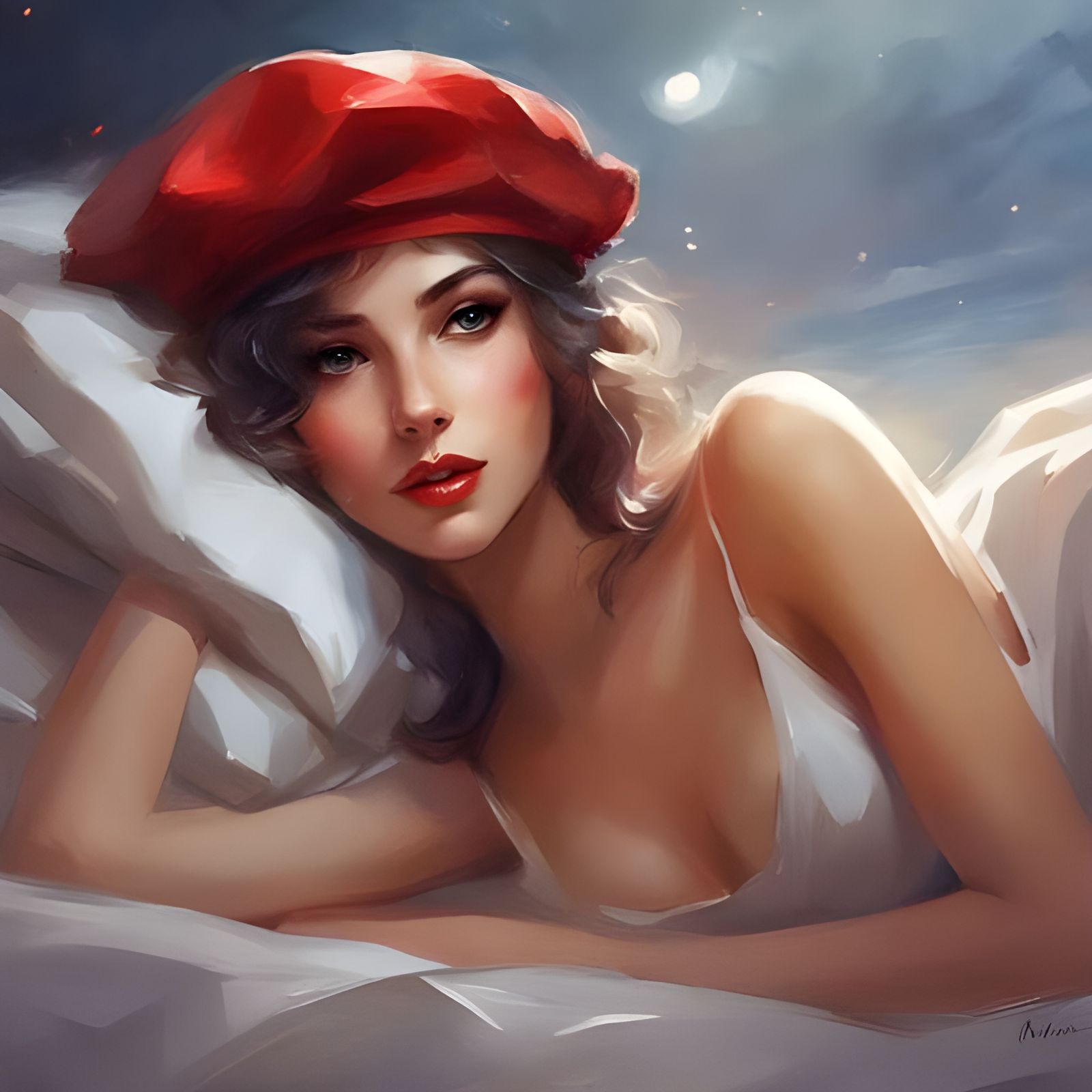 Cute French Woman in Bed, Alluring Portrait