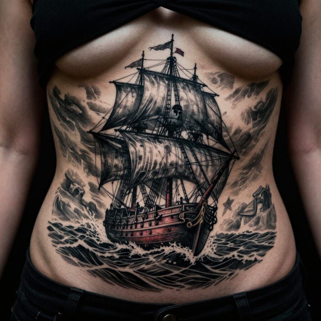 Gothic Ghost Ship Tattoo Design on Abdomen