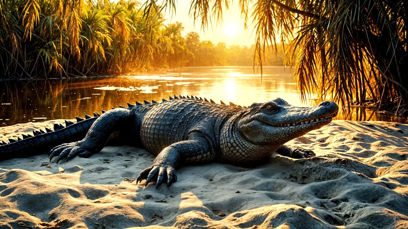 An American alligator is seen laying on the sand bank of a Louisiana bayou in the afternoon sun.