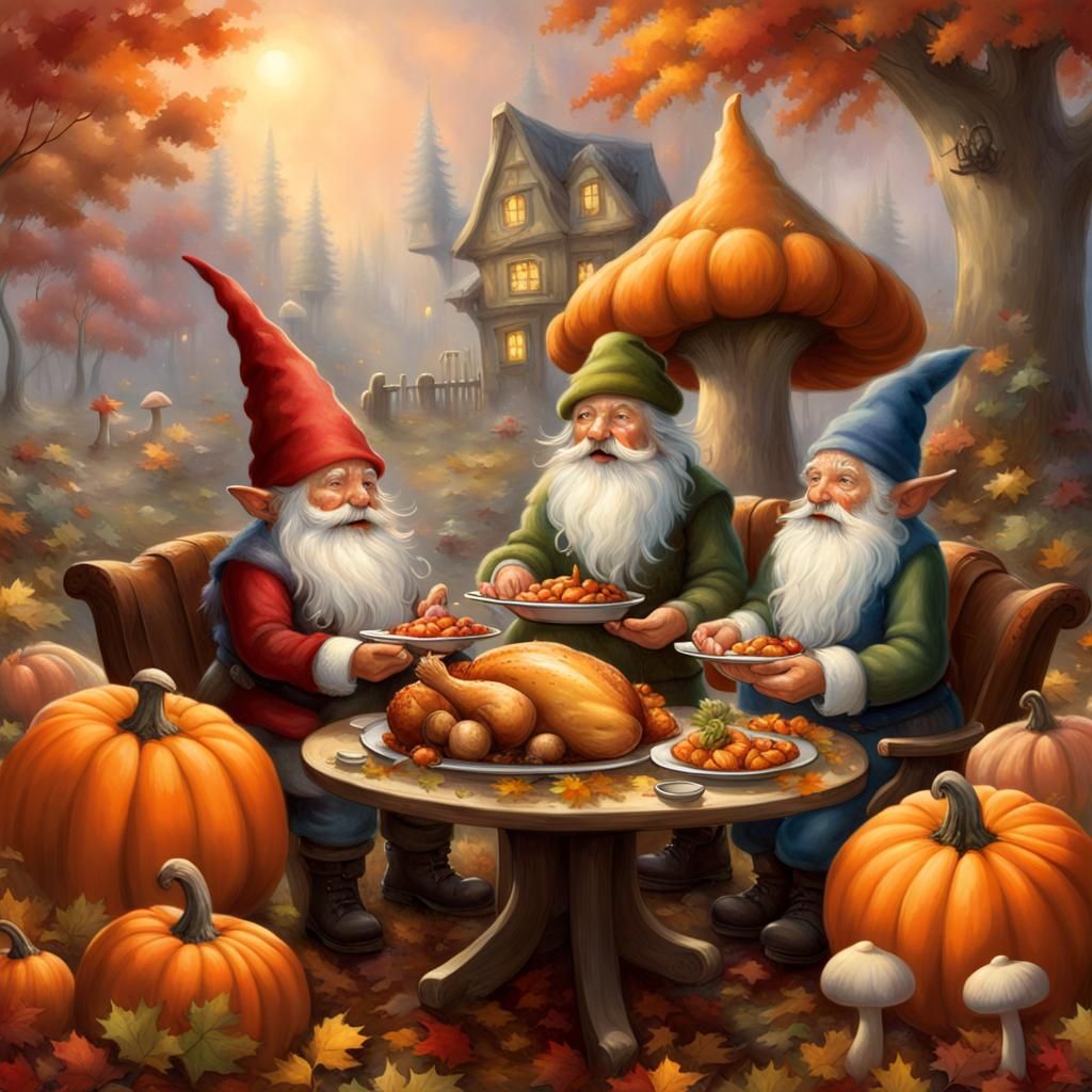 Thanksgiving Holiday Card with Gnomes, Fairytale Style
