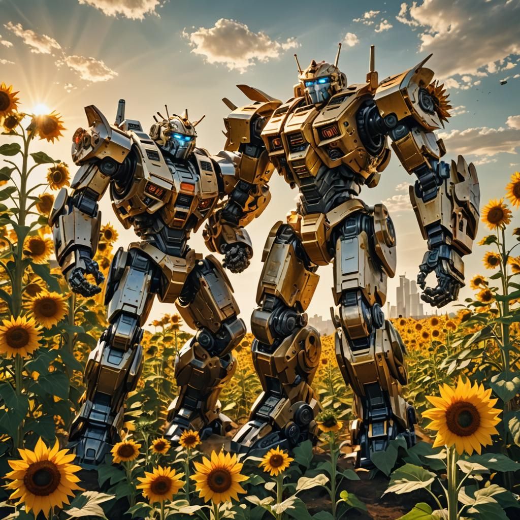 Mecha Robot Battle in Sunflower Field: Digital Art