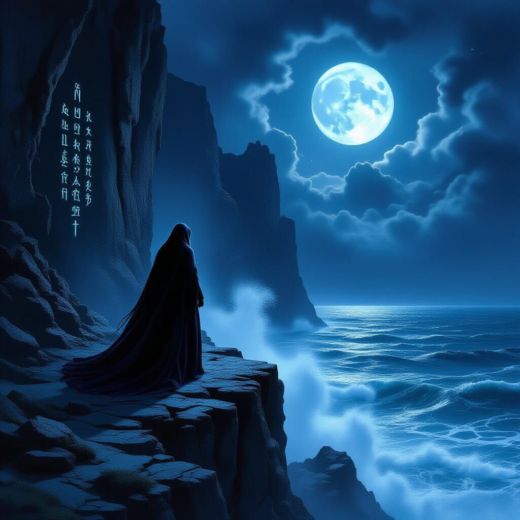 Witch on Cliff Overlooking Starry Ocean in Dark Fantasy Styl...