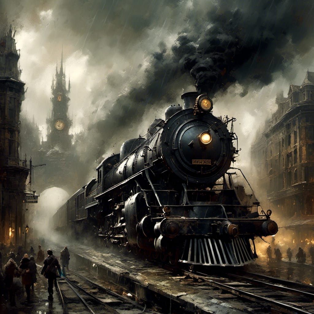 Steampunk Train in Dystopian Metropolis
