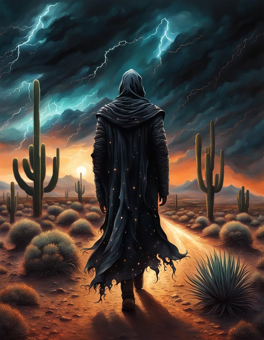 Mysterious Figure Walking Down Dark Desert Street
