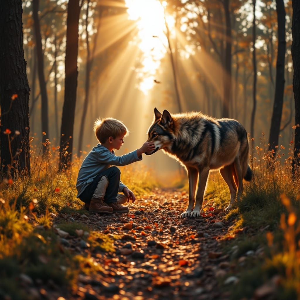 Boy Befriends Wolf in Sunlit Forest Clearing