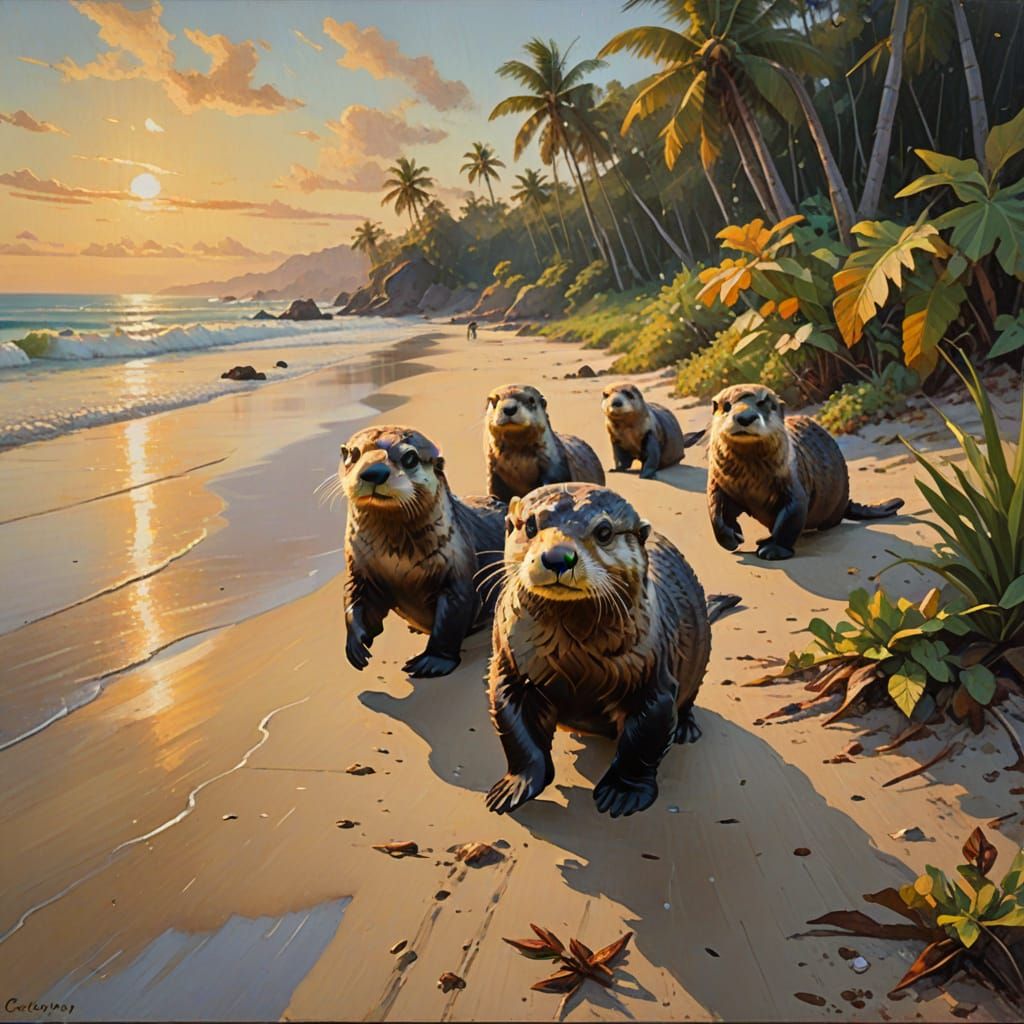 Sea Otters Stroll on Tropical Beach as Oil Painting
