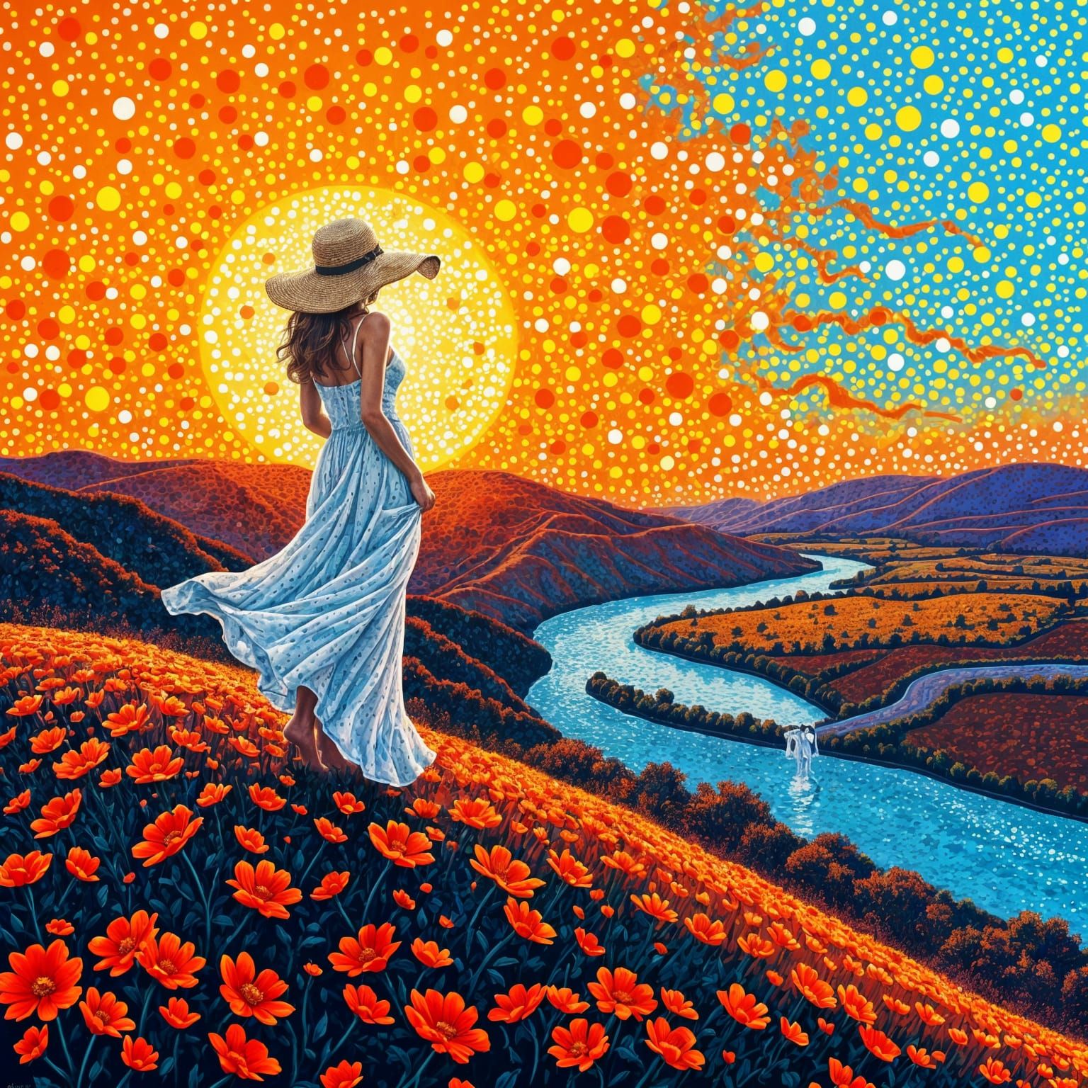 Pointillist Woman Gazing at Sunset Over River