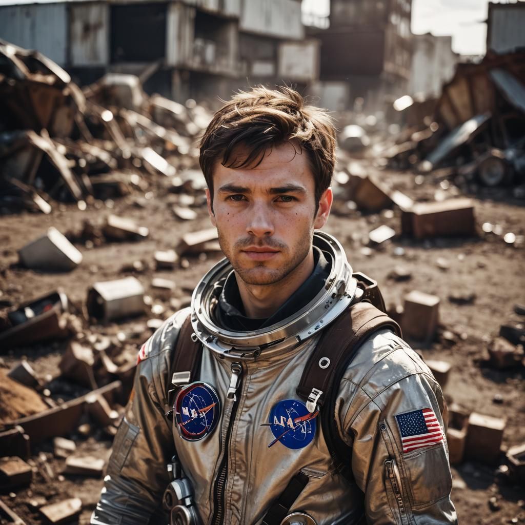 Young Man in NASA Suit Fixing Spaceship: Junkyard Photo