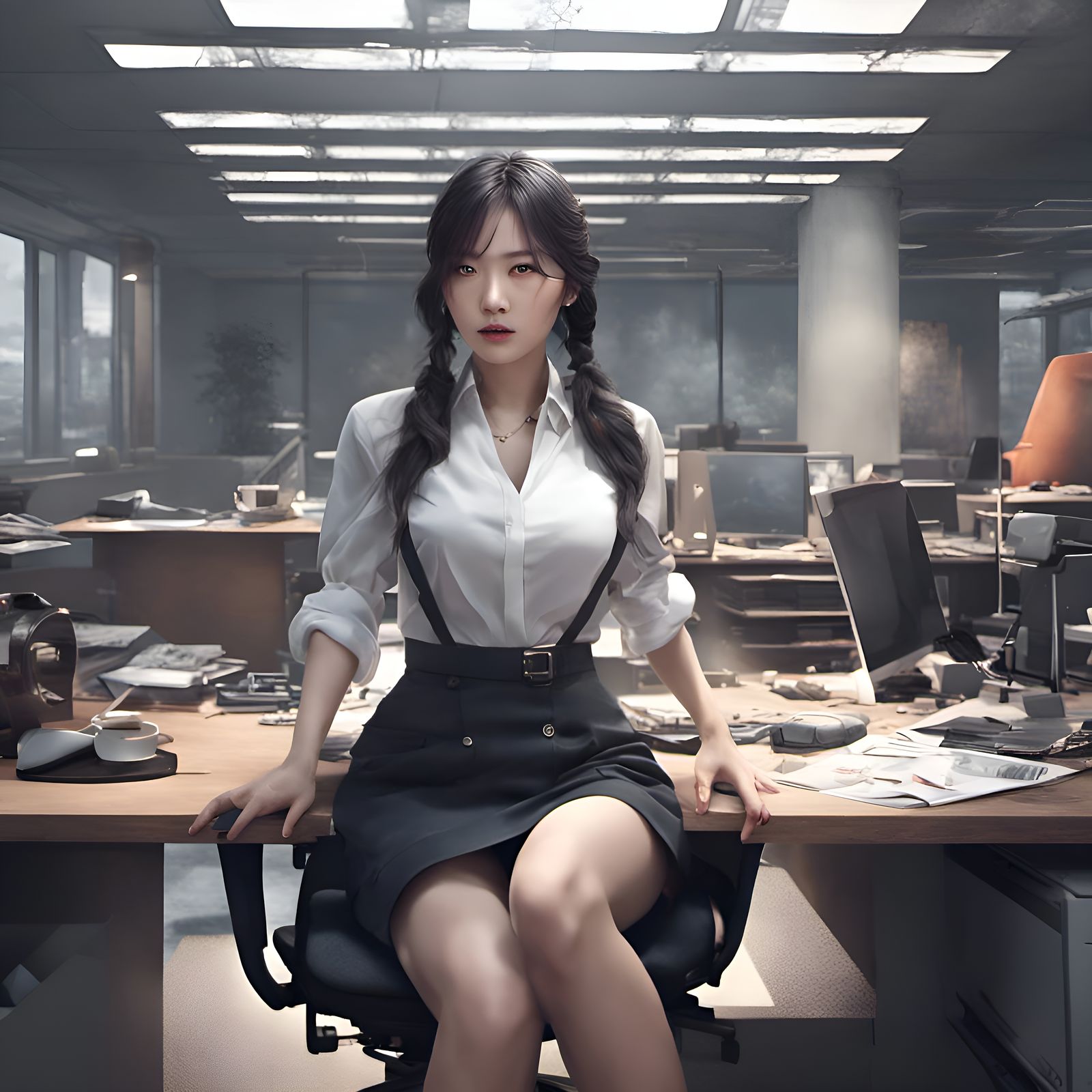 Provocative Korean Girl in Office: Detailed Matte Painting