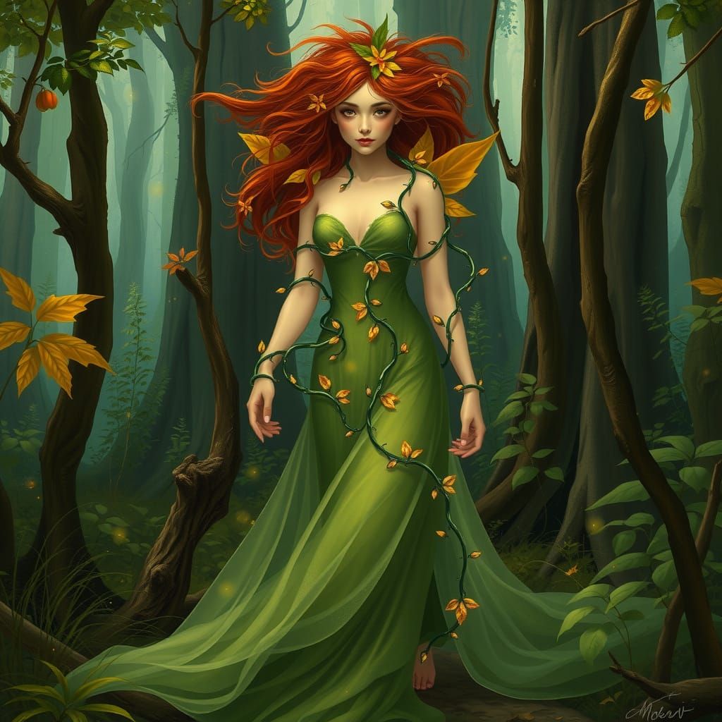 Forest Nymph in Mossy Glamor with Breathing Floral Patterns