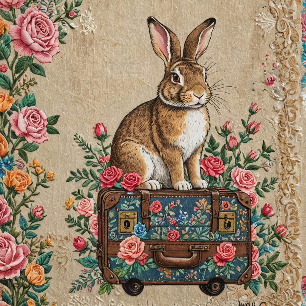 Rabbit in Train Car: Vivid Collage Chalk Art