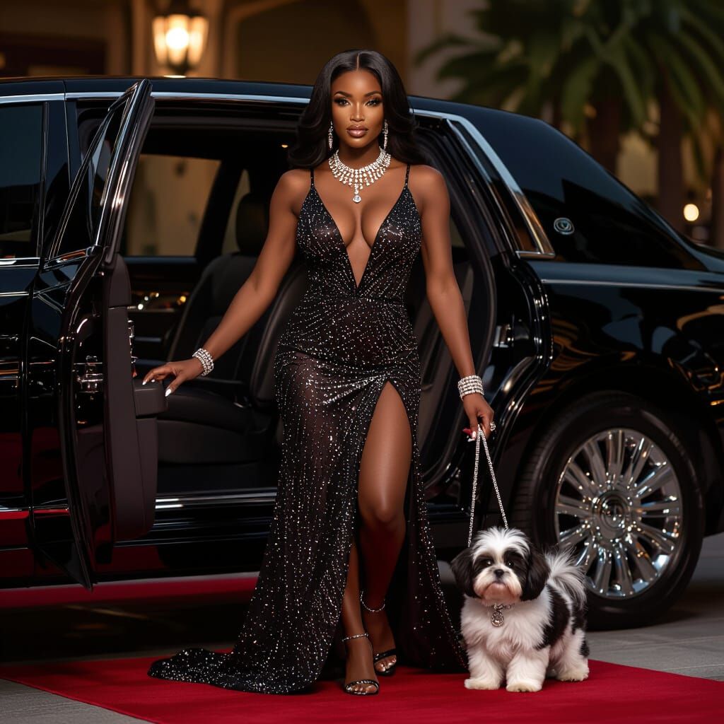 Elegant Black Woman Arrives in Luxury with Shih Tzu Puppy
