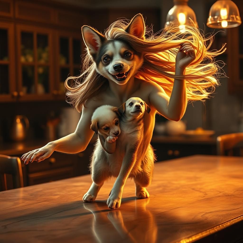 Feline Woman Composed of Dogs Dances in Kitchen