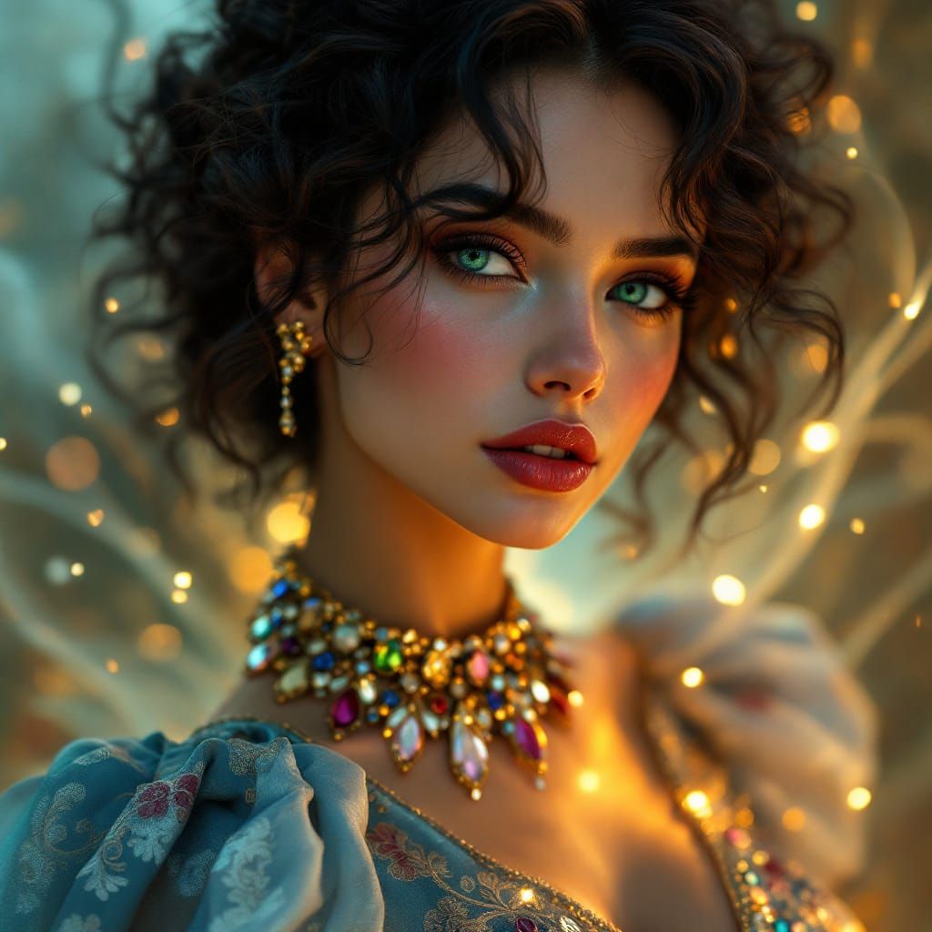 Ethereal Woman in Brocade Gown, Hyper-Realistic Splash Art