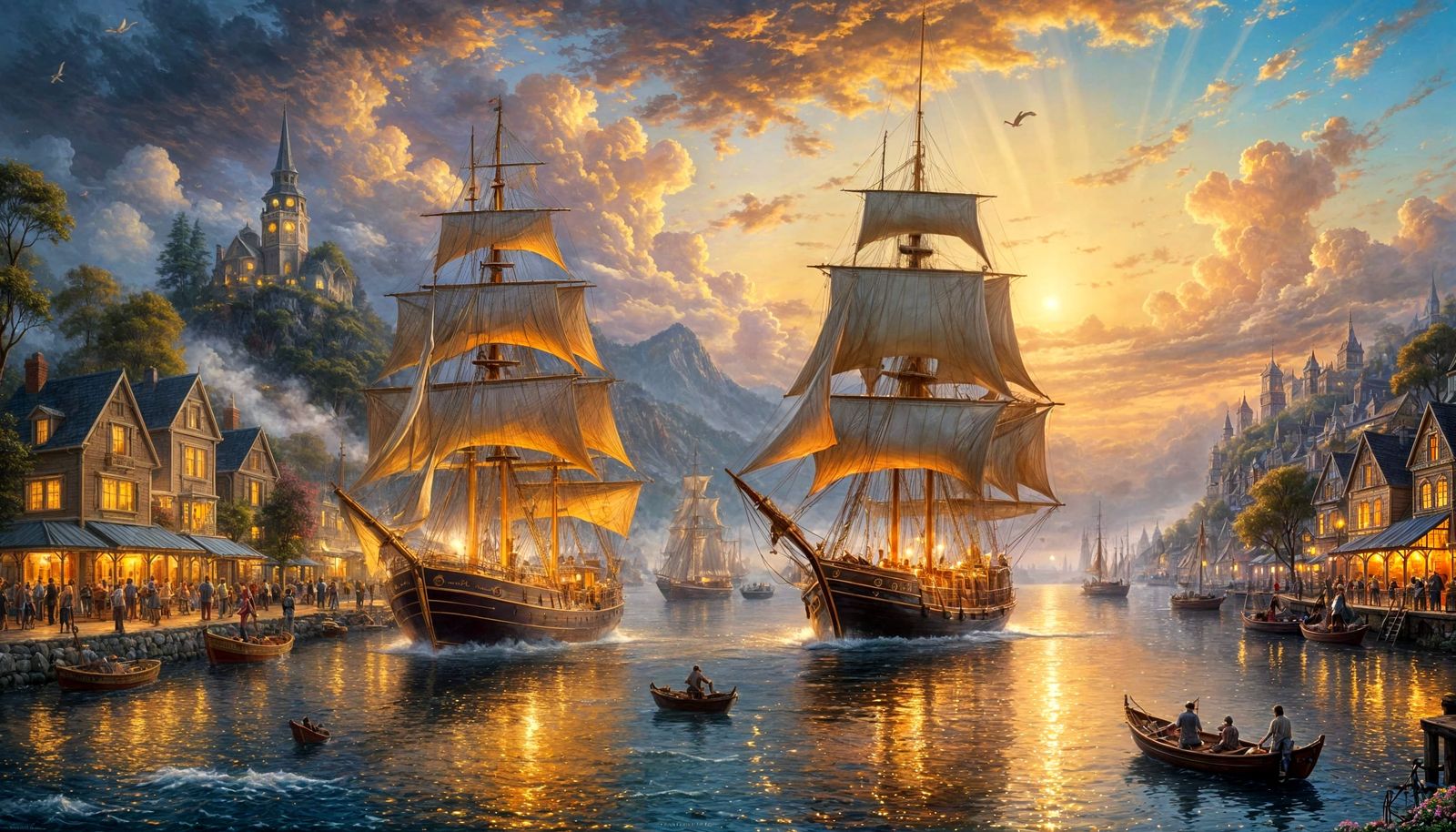 Golden Sailboat in Twilight Harbor Oil Painting