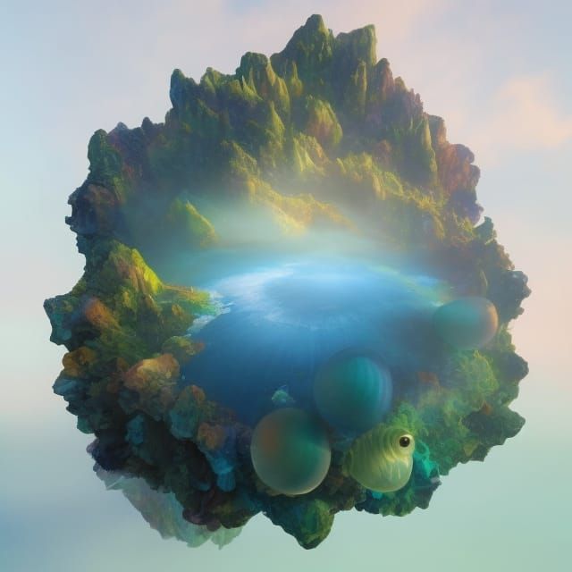 Origami Mountain Landscape with Ball Fish