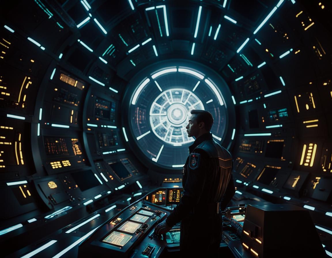 Futuristic Captain Commands Spaceship in Cinematic Film Stil...