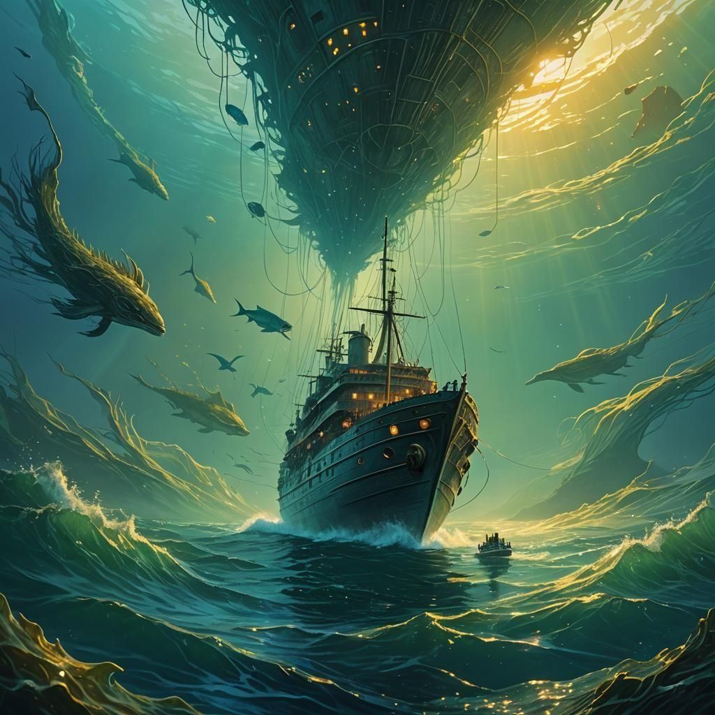 Underwater Creature Gazing at Ship: Fantasy Concept Art