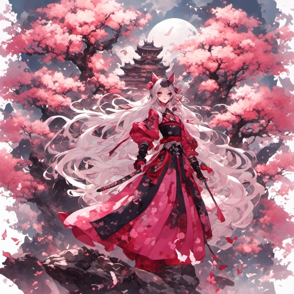 Anime Pink Neko Sakura Samurai in Dreamy Style