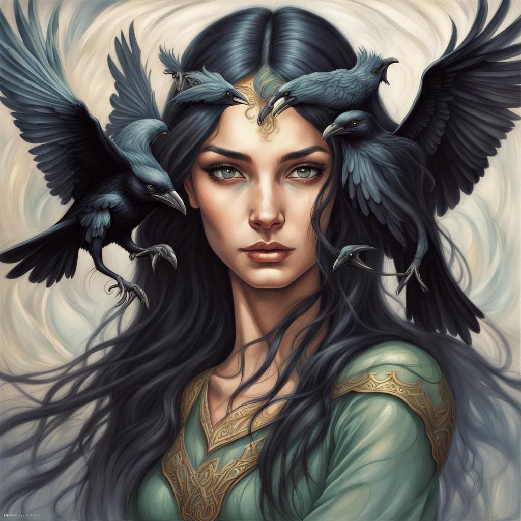 Ethereal Elf Portrait with Ravens in Renaissance Style