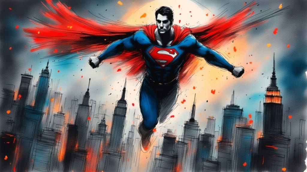 Superman Soars Over Metropolis in Watercolor Comic Art Style