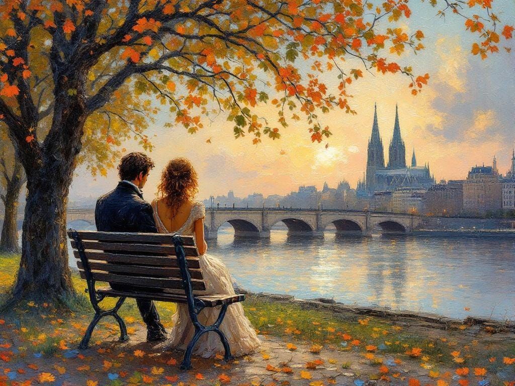 Seine River Couple in Encaustic Impressionism Style