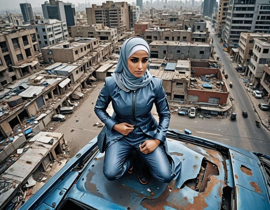 Sci-Fi Watercolor Portrait: Armored Woman on Damaged Car