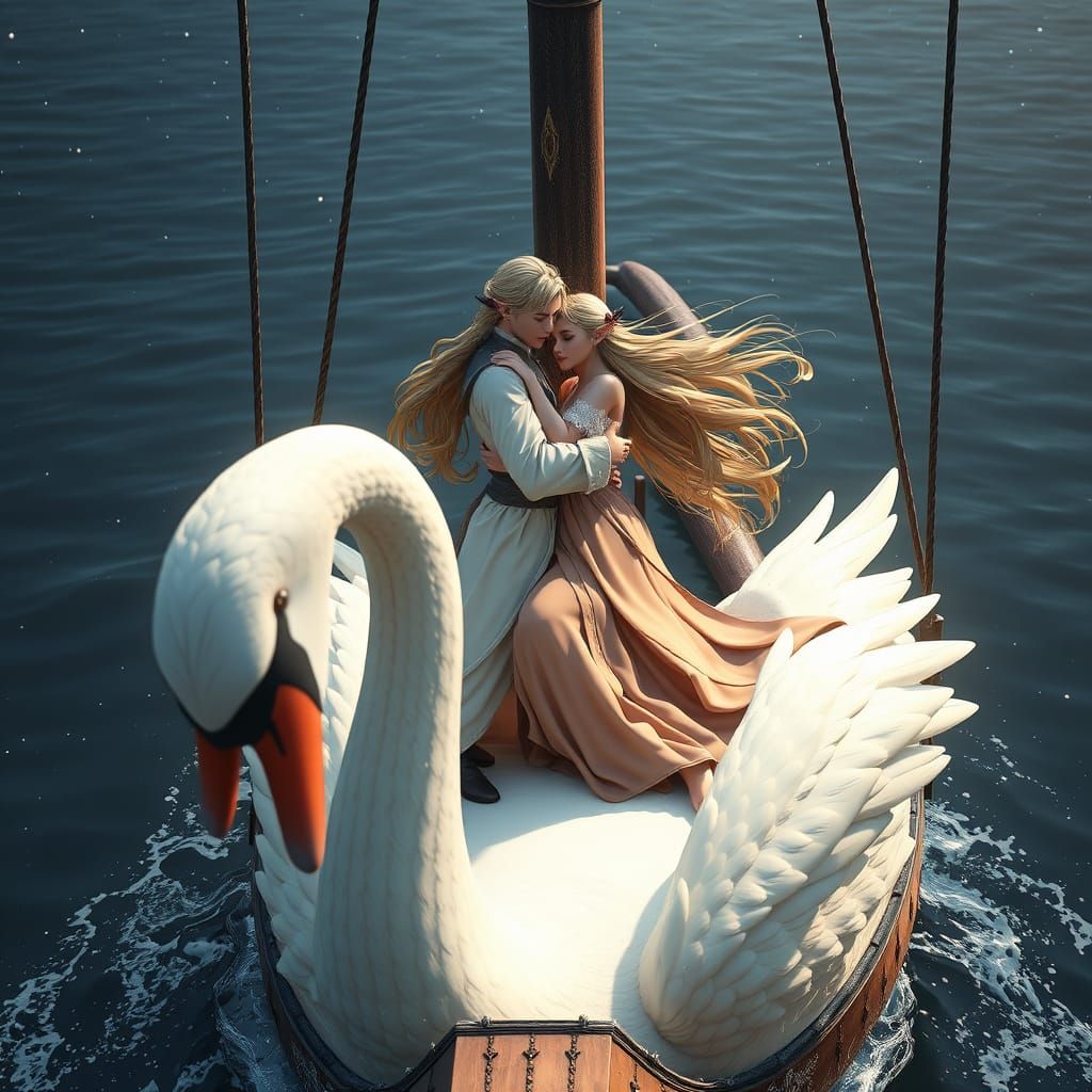 Romantic Elven Lovers on a Swan Ship, Anime Art