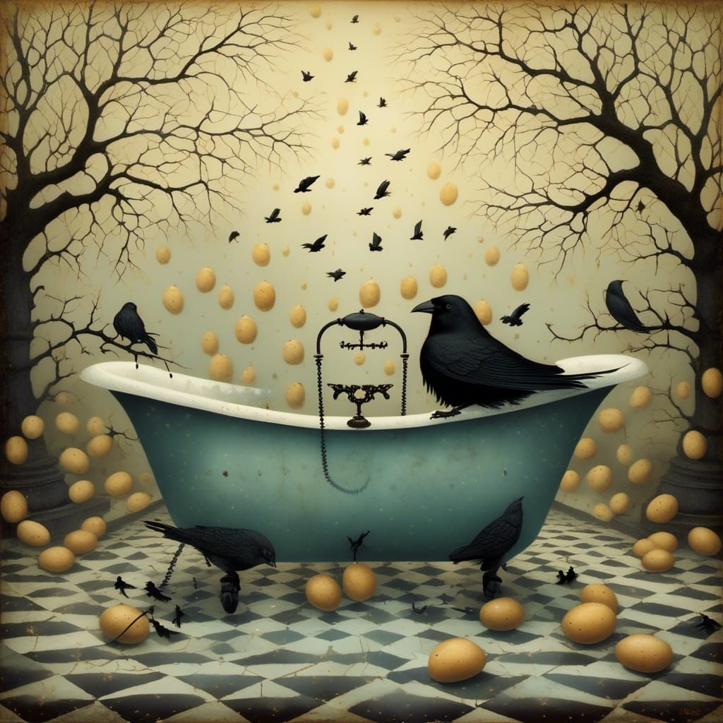 Potato and Crow Bathtime in Cemetery, Illustrated Style