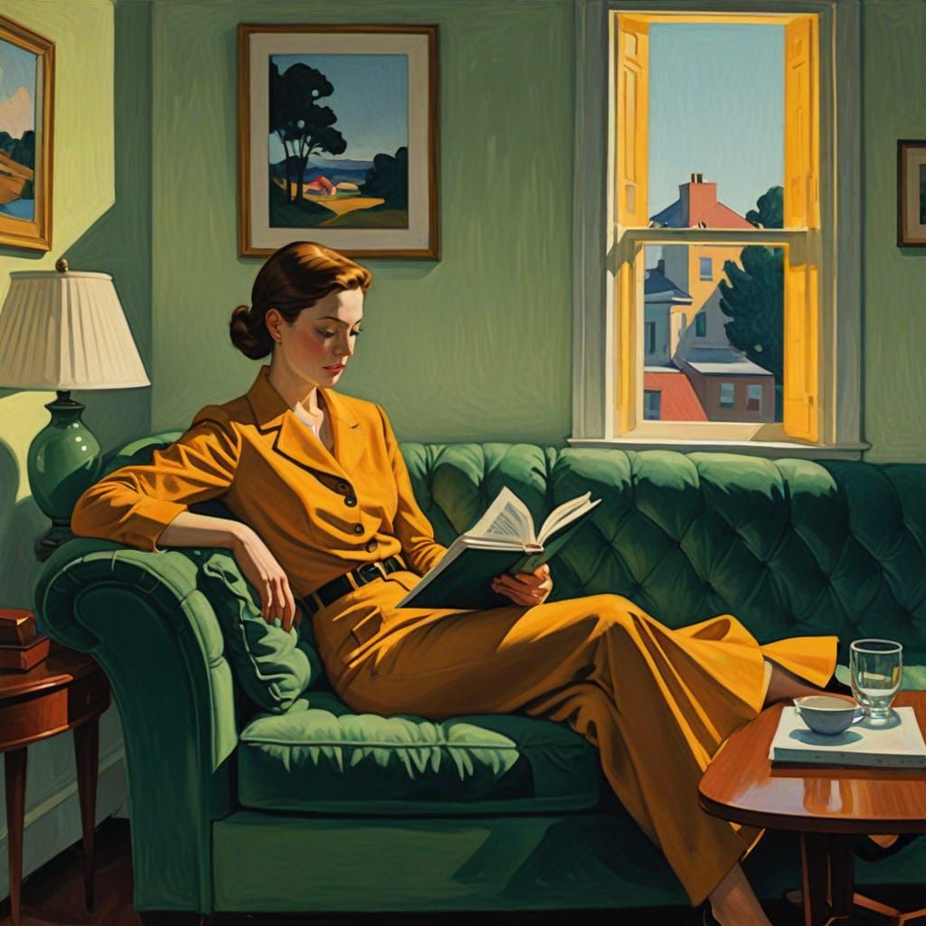 Woman Lost in the Pages of a Book, in a Hopper-esque Mood
