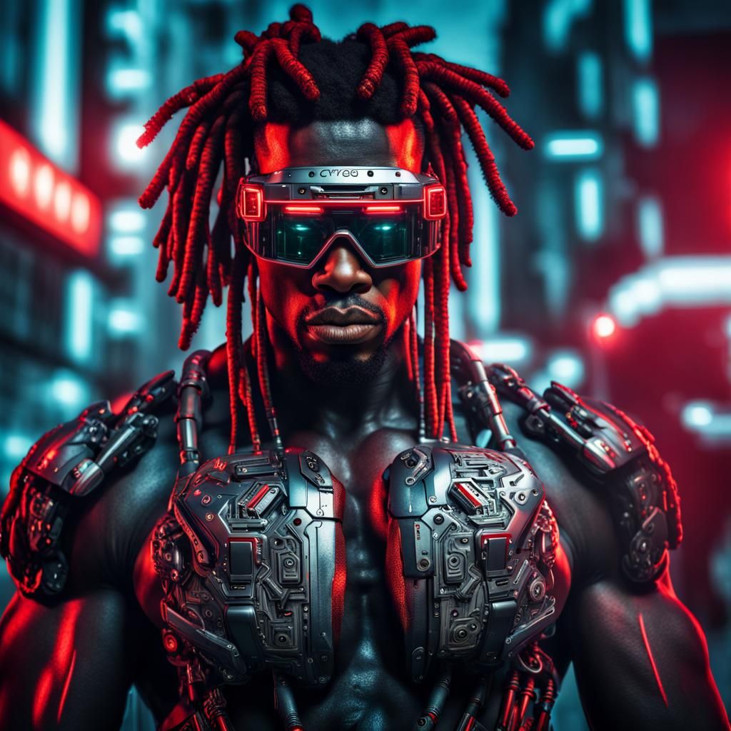 Hyperrealistic Cyborg with Red Visor in Neon City